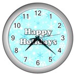 Happy holidays blue pattern Wall Clocks (Silver) 