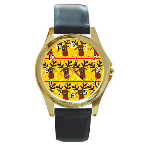 Christmas reindeer pattern Round Gold Metal Watch from ArtsNow.com Front