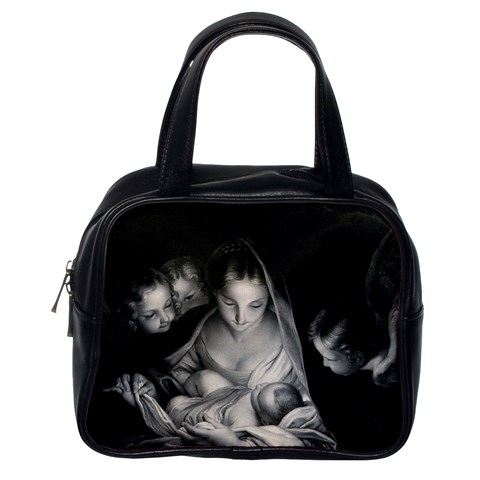 Nativity Scene Birth Of Jesus With Virgin Mary And Angels Black And White Litograph Classic Handbags (One Side) from ArtsNow.com Front