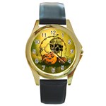 Halloween, Funny Pumpkins And Skull With Spider Round Gold Metal Watch