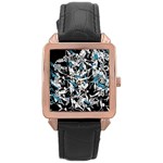 Blue abstract flowers Rose Gold Leather Watch 