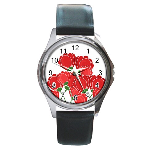 Red floral design Round Metal Watch from ArtsNow.com Front