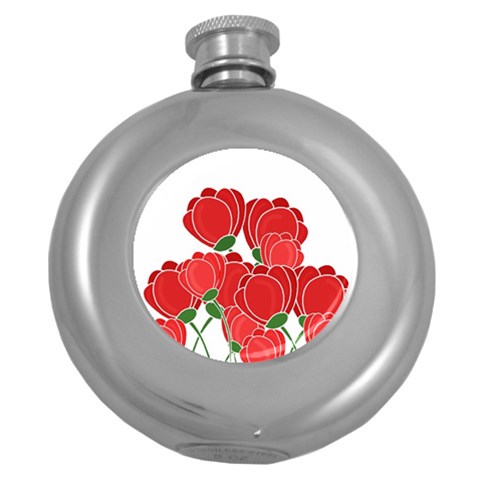 Red floral design Round Hip Flask (5 oz) from ArtsNow.com Front