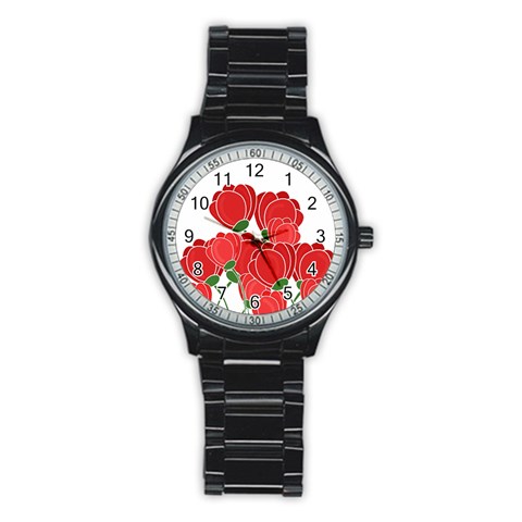 Red floral design Stainless Steel Round Watch from ArtsNow.com Front