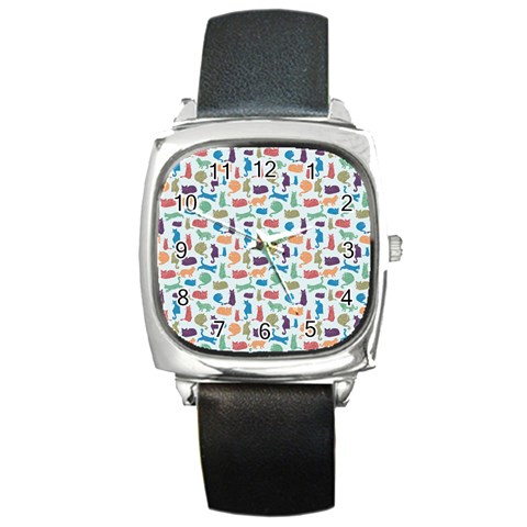 Blue Colorful Cats Silhouettes Pattern Square Metal Watch from ArtsNow.com Front