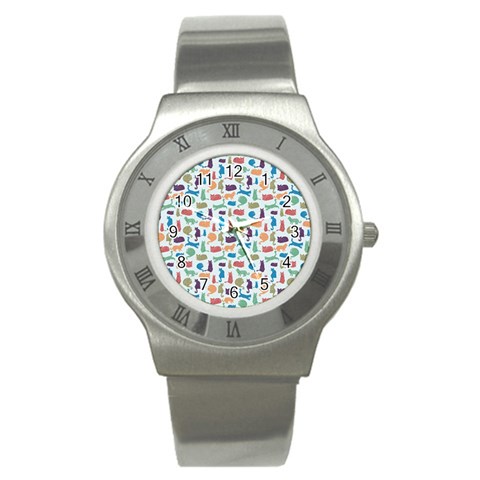 Blue Colorful Cats Silhouettes Pattern Stainless Steel Watch from ArtsNow.com Front