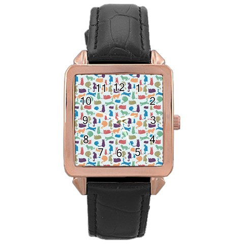 Blue Colorful Cats Silhouettes Pattern Rose Gold Leather Watch  from ArtsNow.com Front