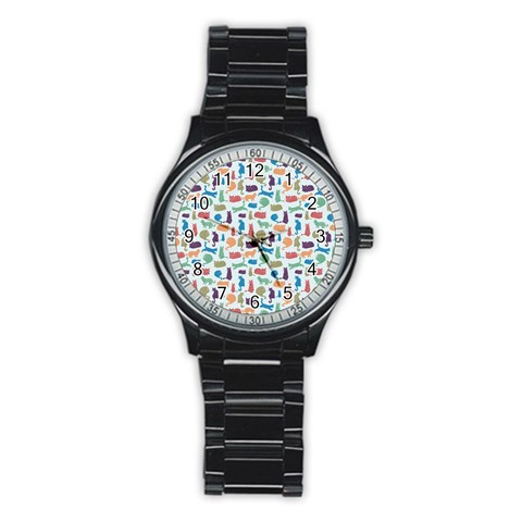 Blue Colorful Cats Silhouettes Pattern Stainless Steel Round Watch from ArtsNow.com Front