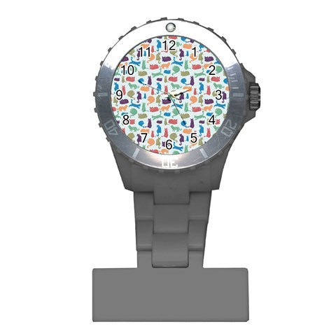 Blue Colorful Cats Silhouettes Pattern Plastic Nurses Watch from ArtsNow.com Front
