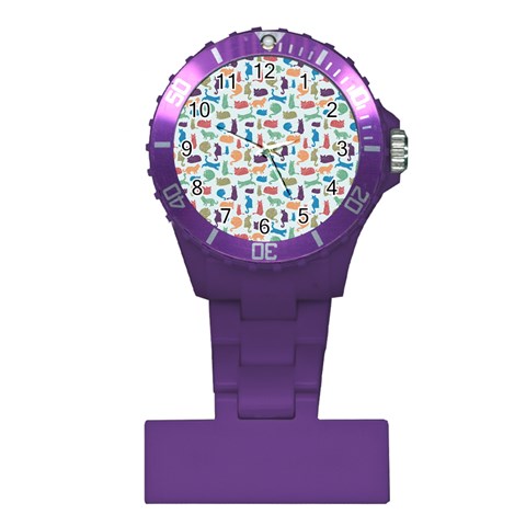 Blue Colorful Cats Silhouettes Pattern Plastic Nurses Watch from ArtsNow.com Front