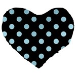 Polka Dots - Light Blue on Black Large 19  Premium Heart Shape Cushion