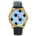 Polka Dots - Black on Baby Blue Round Gold Metal Watch