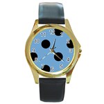Polka Dots - Black on Iceberg Blue Round Gold Metal Watch