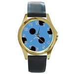 Polka Dots - Black on Steel Blue Round Gold Metal Watch
