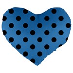 Polka Dots - Black on Steel Blue Large 19  Premium Heart Shape Cushion