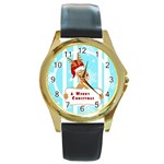 Santa Claus Reindeer Christmas Round Gold Metal Watch