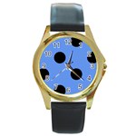 Polka Dots - Black on Cornflower Blue Round Gold Metal Watch