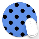 Polka Dots - Black on Cornflower Blue Round Mousepad
