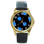 Polka Dots - Dodger Blue on Black Round Gold Metal Watch