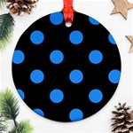Polka Dots - Dodger Blue on Black Round Ornament (Two Sides)