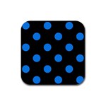 Polka Dots - Dodger Blue on Black Rubber Coaster (Square)