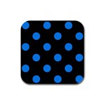 Polka Dots - Dodger Blue on Black Rubber Square Coaster (4 pack)