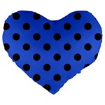 Polka Dots - Black on Royal Blue Large 19  Premium Heart Shape Cushion