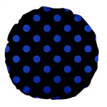 Polka Dots - Royal Blue on Black Large 18  Premium Round Cushion