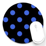 Polka Dots - Royal Blue on Black Round Mousepad