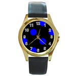 Polka Dots - Blue on Black Round Gold Metal Watch
