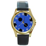 Polka Dots - Black on Cerulean Blue Round Gold Metal Watch