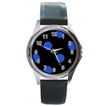 Polka Dots - Cerulean Blue on Black Round Metal Watch