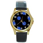 Polka Dots - Cerulean Blue on Black Round Gold Metal Watch