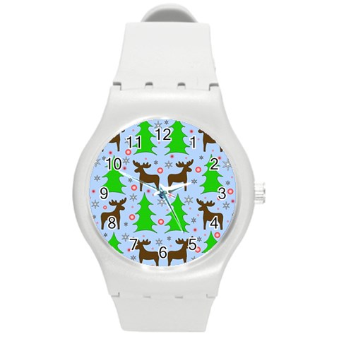Reindeer and Xmas trees  Round Plastic Sport Watch (M) from ArtsNow.com Front