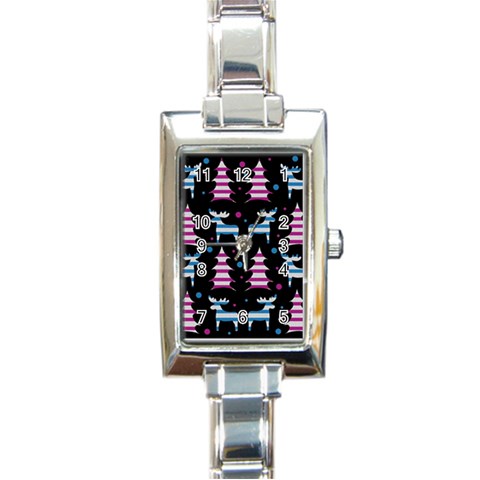 Blue and pink reindeer pattern Rectangle Italian Charm Watch from ArtsNow.com Front