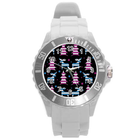 Blue and pink reindeer pattern Round Plastic Sport Watch (L) from ArtsNow.com Front