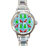 Xmas reindeer pattern - blue Round Italian Charm Watch