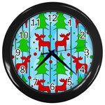 Xmas reindeer pattern - blue Wall Clocks (Black)