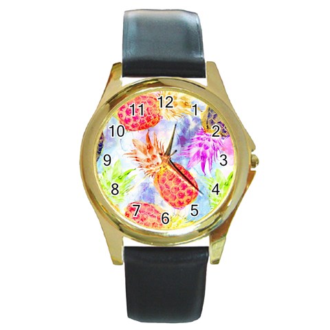 Colorful Pineapples Over A Blue Background Round Gold Metal Watch from ArtsNow.com Front