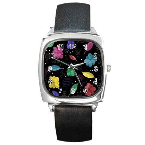 Colorful floral design Square Metal Watch from ArtsNow.com Front