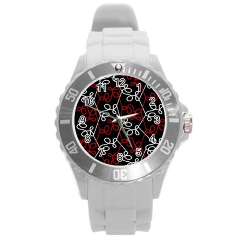 Elegant red and white pattern Round Plastic Sport Watch (L) from ArtsNow.com Front
