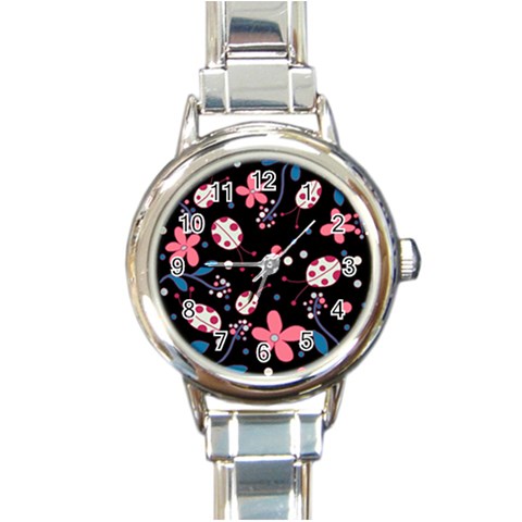 Pink ladybugs and flowers  Round Italian Charm Watch from ArtsNow.com Front