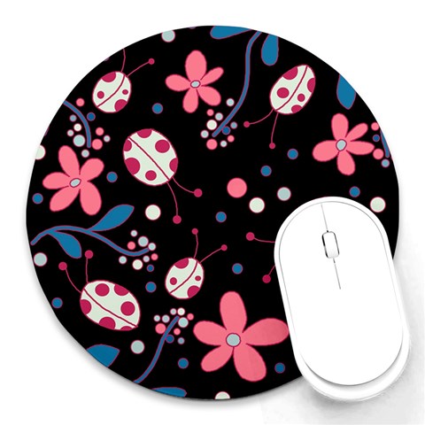 Pink ladybugs and flowers  Round Mousepads from ArtsNow.com Front