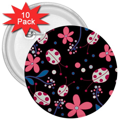Pink ladybugs and flowers  3  Buttons (10 pack)  from ArtsNow.com Front