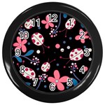 Pink ladybugs and flowers  Wall Clocks (Black)