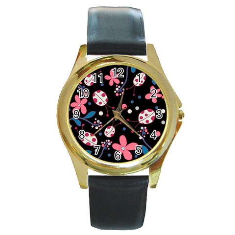 Pink ladybugs and flowers  Round Gold Metal Watch from ArtsNow.com Front