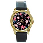 Pink ladybugs and flowers  Round Gold Metal Watch