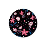 Pink ladybugs and flowers  Rubber Coaster (Round) 