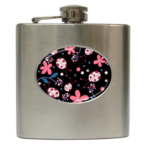 Pink ladybugs and flowers  Hip Flask (6 oz) from ArtsNow.com Front