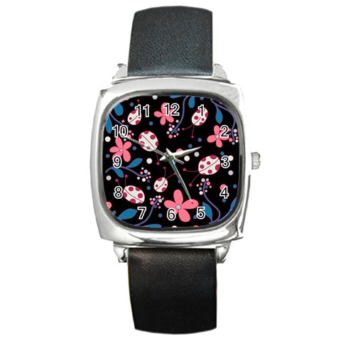 Pink ladybugs and flowers  Square Metal Watch from ArtsNow.com Front